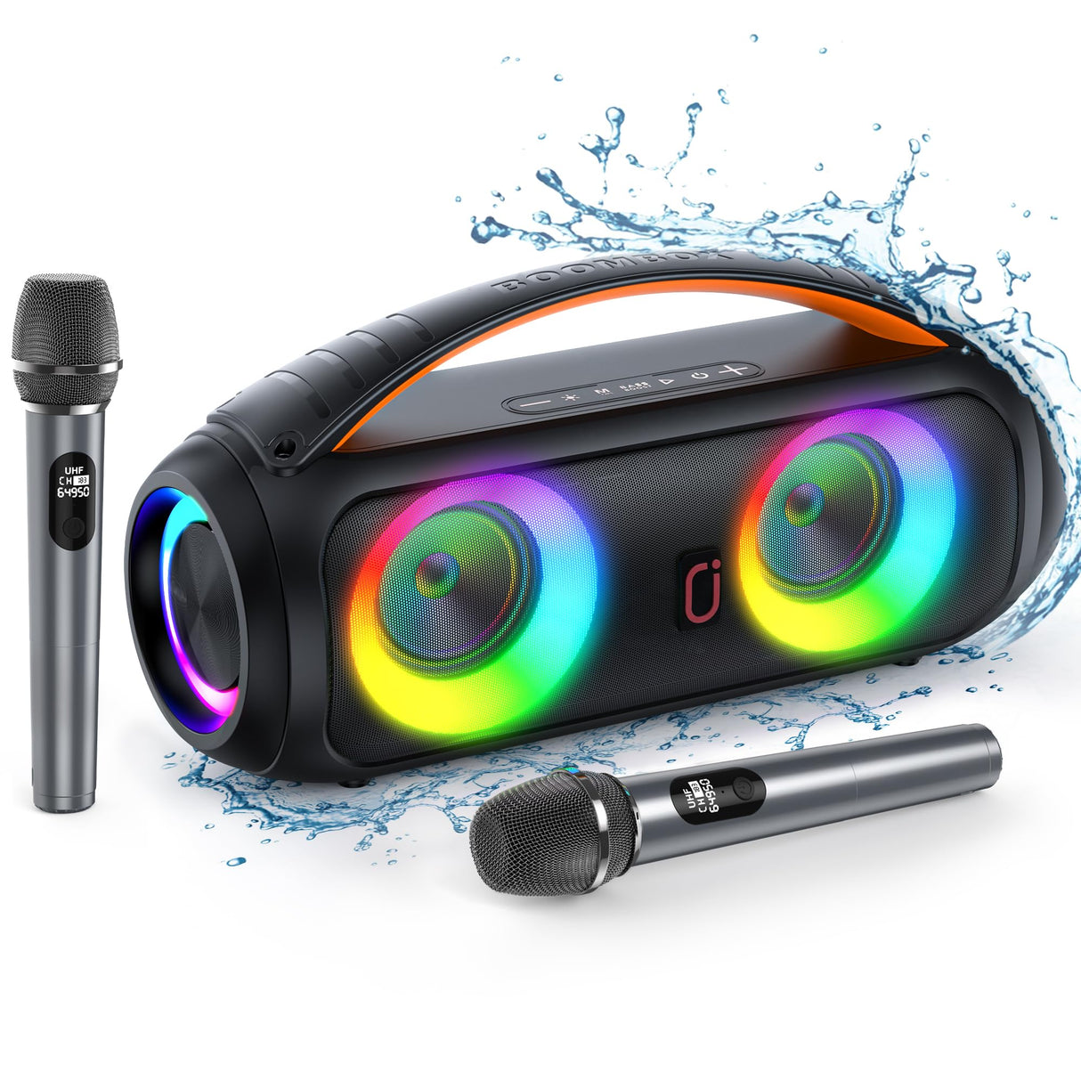 Karaoke Machine with Dual Microphones and Dazzling Lights,IPX5 Waterproof Bluetooth Speaker with Remote Control for Outdoor,Portable Boombox Support AUX/TF Card/TWS