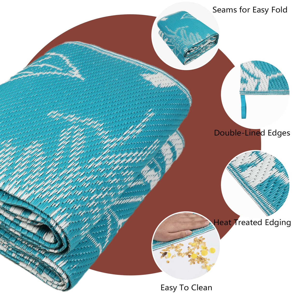 Outdoor Reversible Rug Waterproof Outdoor Patio Rug Plastic Large Floor Mat Lightweight Indoor Outdoor Rug Carpet Plastic Straw Rug for Camping Deck RV Backyard Picnic (Teal) 150x245cm