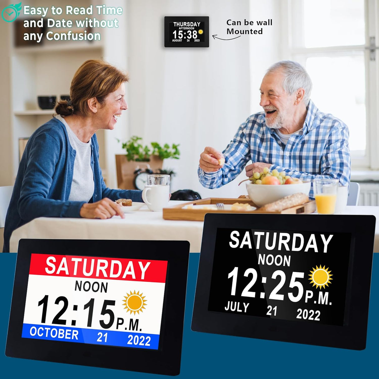 19 Alarms Day Date Clock Dementia Clock Digital Alarm Clock, 15 Custom Reminders, Auto Night Dimming, Non-Abbreviated Calendar Clock with 5 Colors, 6 Display Effects