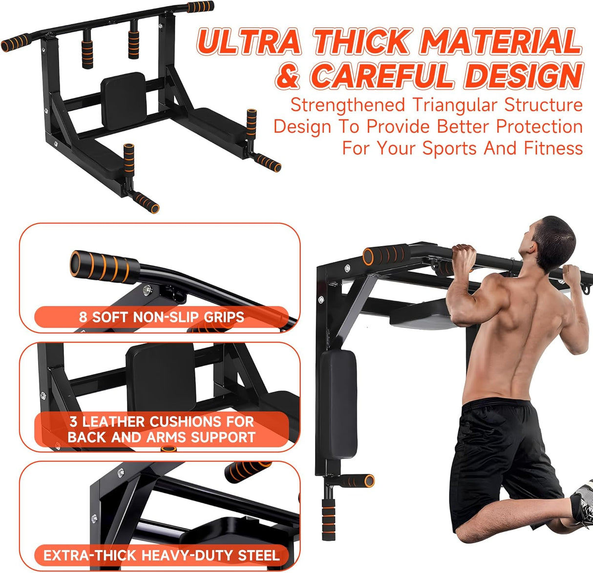 Wall Mounted Pull Up Bar and Dip Station, Heavy Duty Wall Mount Pull-up Chin Up Bar Multifunctional Home Gym Workout Indoor Exercise Equipment Support to 300kg