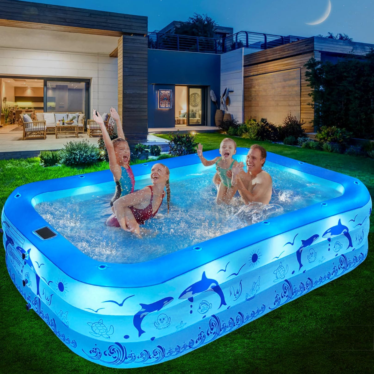 Inflatable Pool with Lights, 270cm Giant Family Inflatable Swimming Pool for Kids,Adults, Blowup Pool Solar Powered,Large Kiddle Pool,Oversized Thickened Pool for Backyard-Blue