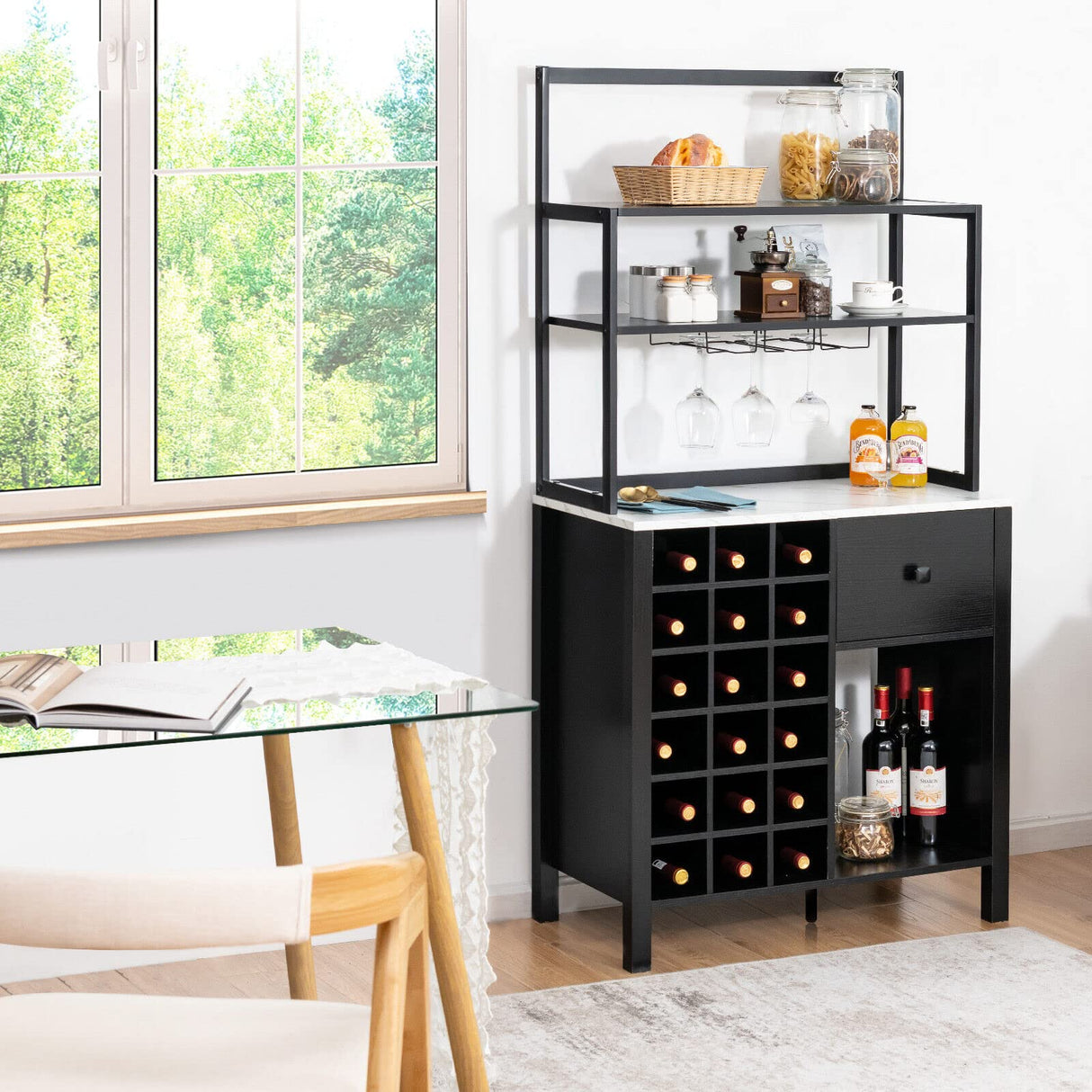 Kitchen Wine Rack, Freestanding Cabinet w/Wine Glass Holder & Drawer, 4-Tier Bakers Rack, Microwave Oven Stand for Kitchen Dining Room Living Room