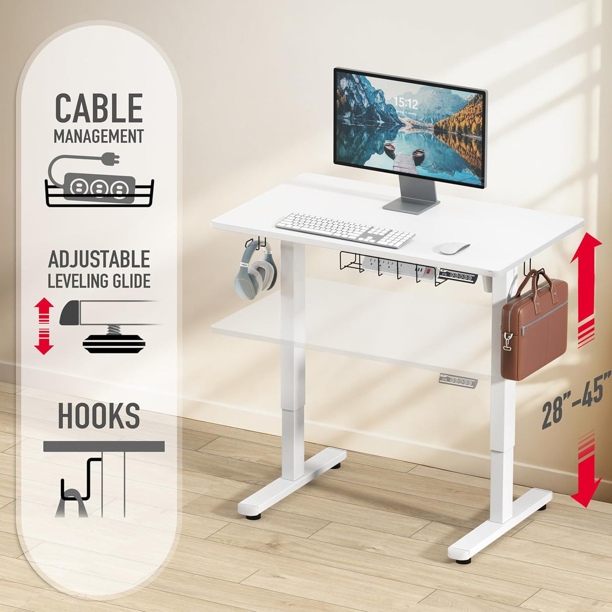 SHW 100 x 55 cm Electric Standing Desk, Whole Piece Desktop Height Adjustable Sit to Stand Desk with Hanging Hooks and Cable Management, White Frame with White Top