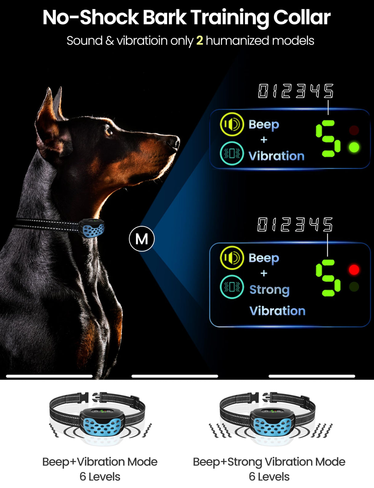 Dog Bark Collar Rechargeable No Shock Barking Collar, Waterproof Smart Beep Vibration Anti Barking Training Collar with 5 Adjustable Sensitivity for Small Medium Large Dogs