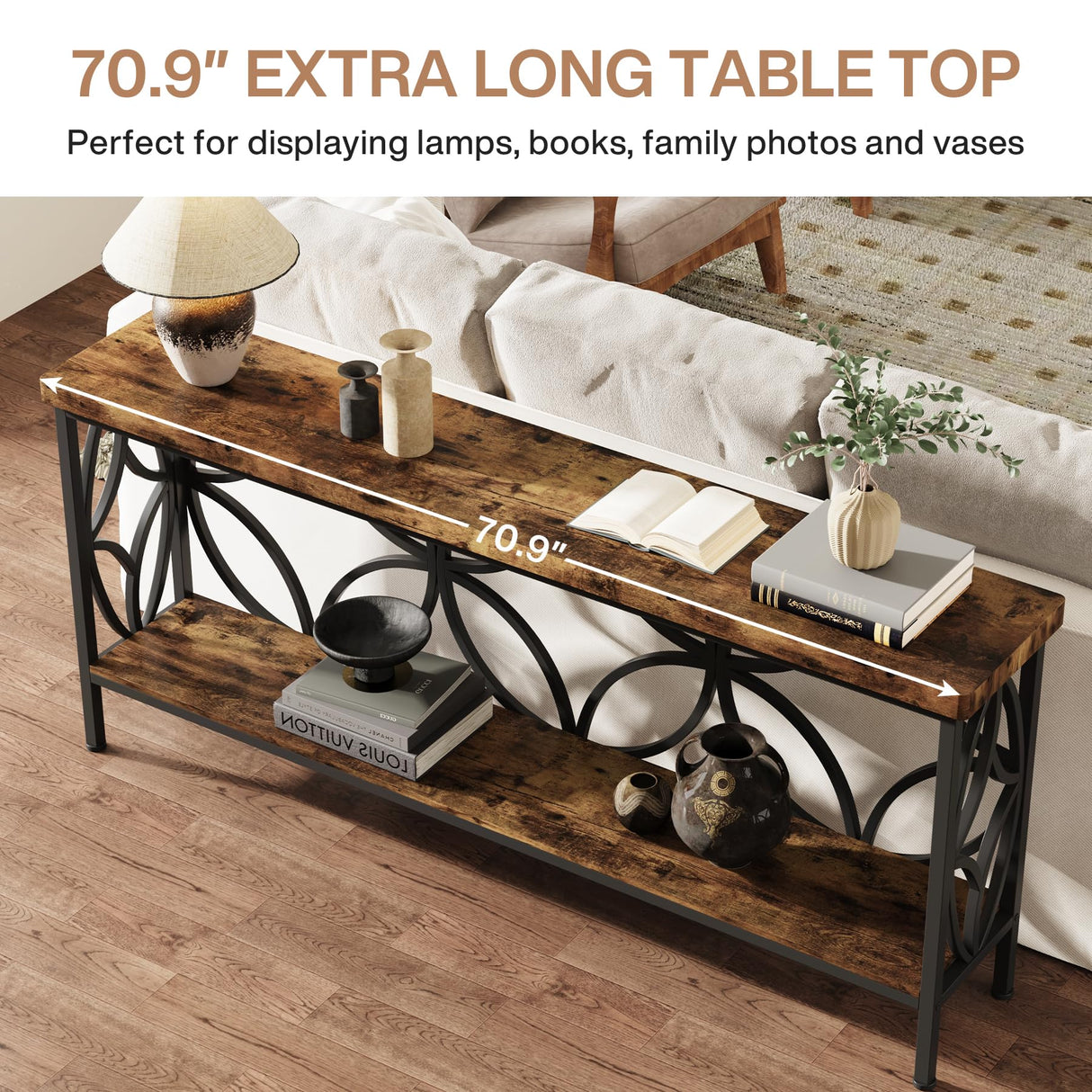 Narrow Sofa Table, Industrial Long Sofa Table Behind Couch, Entry Console Table with Storage for Entryway, Living Room, Foyer, Unique Design, Rustic Brown 70.9-Inch
