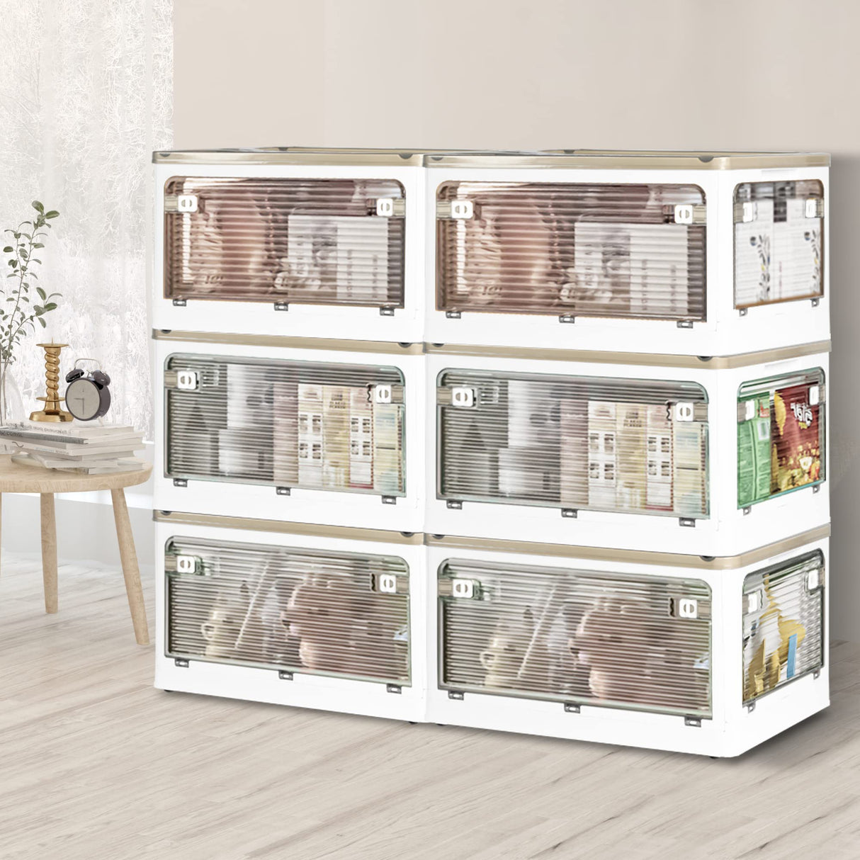 55L Stacked Storage Bins with Lids Collapsible Clothes Organiser Container Plastic Toy Book Camping Boxes with Wheel 5 Sides Open