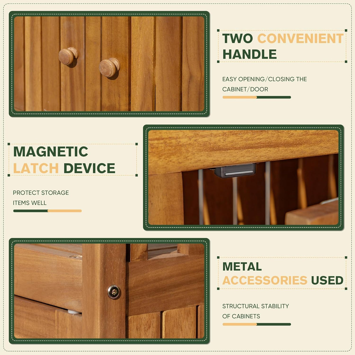 Greesum 2-Tier Outdoor Storage Cabinet in Acacia Wood, with 2 Magnetic Doors, for Garden, Picnic, Buffet, TV Stand, or Bar Table, Brown