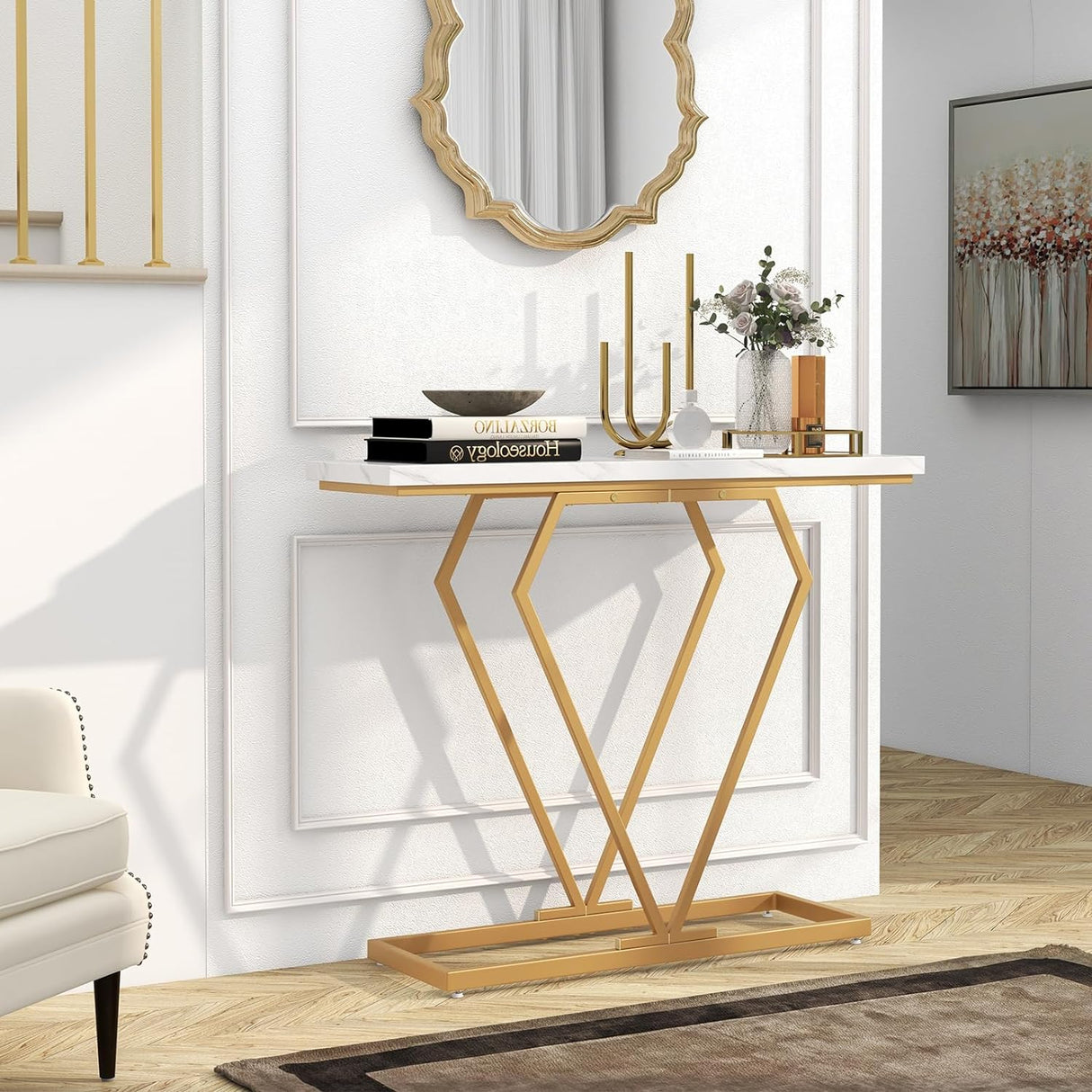 Modern Console Table, Faux Marble Narrow Entryway Table with Diamond Shape Geometric Frame, 100 cm Modern Accent Table with Anti-Tipping Device for Living Room Hallway Entrance, White & Gold