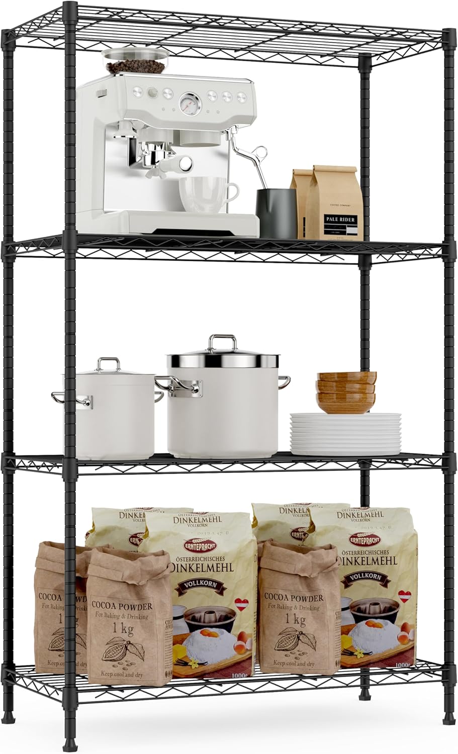 MZG 454kg Capacity Heavy Duty 4-Tier Metal Storage Shelving Unit, Adjustable Steel Wire Rack Organizer for Home, Kitchen, or Office (Chrome, 35L x 75W x 120H cm)