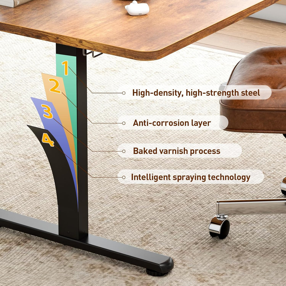 Electric Standing Desk 140x60cm (55.1"x23.6"), Height Adjustable Sit Stand Desk with Hooks, Metal Frame Stand up Desk with Powerful Motor, Ergonomic Computer Desk for Home Office (Brown)