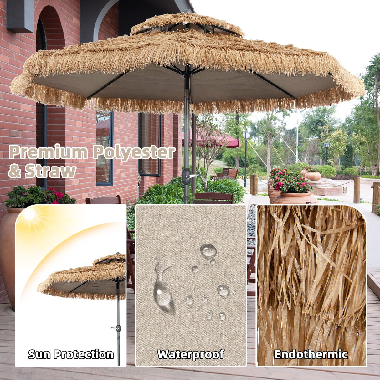 Thatched Tiki Umbrella, Hawaiian Style Patio Beach Umbrella W/8 Ribs, Tilt Adjustment Manual Crank System, Outdoor Umbrella for Poolside, Beach, Courtyard, Metal Frame