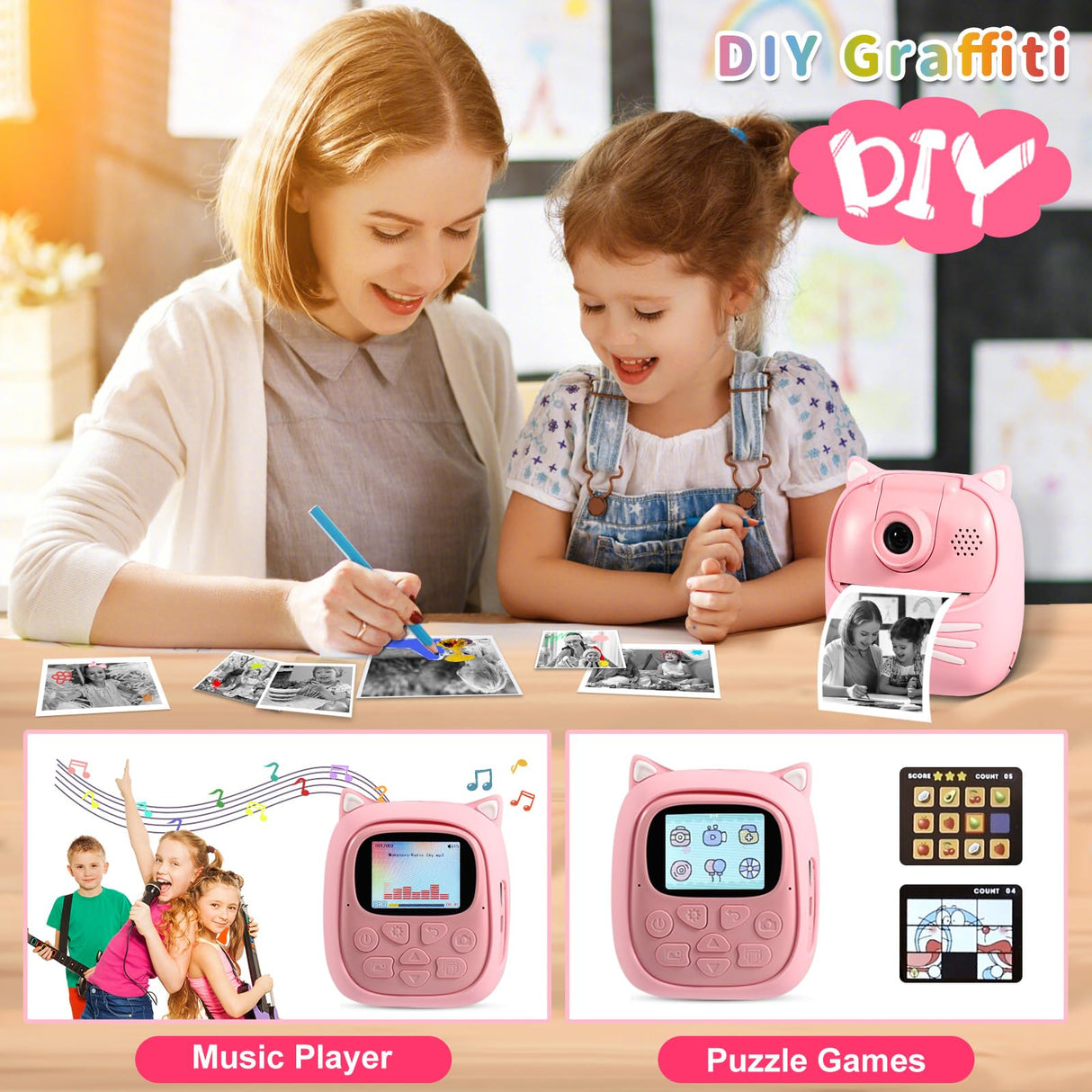 50MP Kids Instant Camera with 3 Rolls Print Paper for Boys and Girls, 1080P Digital Camera for Children, 2.0' IPS Selfie Toy Camera Toddler Rechargeable Video Recorder with 32GB TF Card(Pink)