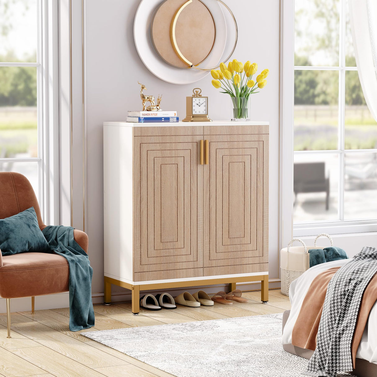 Shoe Cabinet with Doors, 20 Pairs Entryway Shoe Storage Cabinet with Shelves, 5-Tier Modern Free Standing Shoe Racks Storage Organizer for Closet, Living Room, Bedroom(White/Natural)