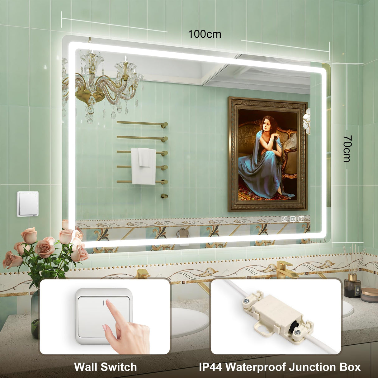 700 x 1000MM LED Bathroom Mirror with Lights, Wall-Mounted with Bluetooth Speaker, Anti-Fog, 3 Color Temperature, Dimmable Brightness, Tempered Glass, Frontlit & Backlit