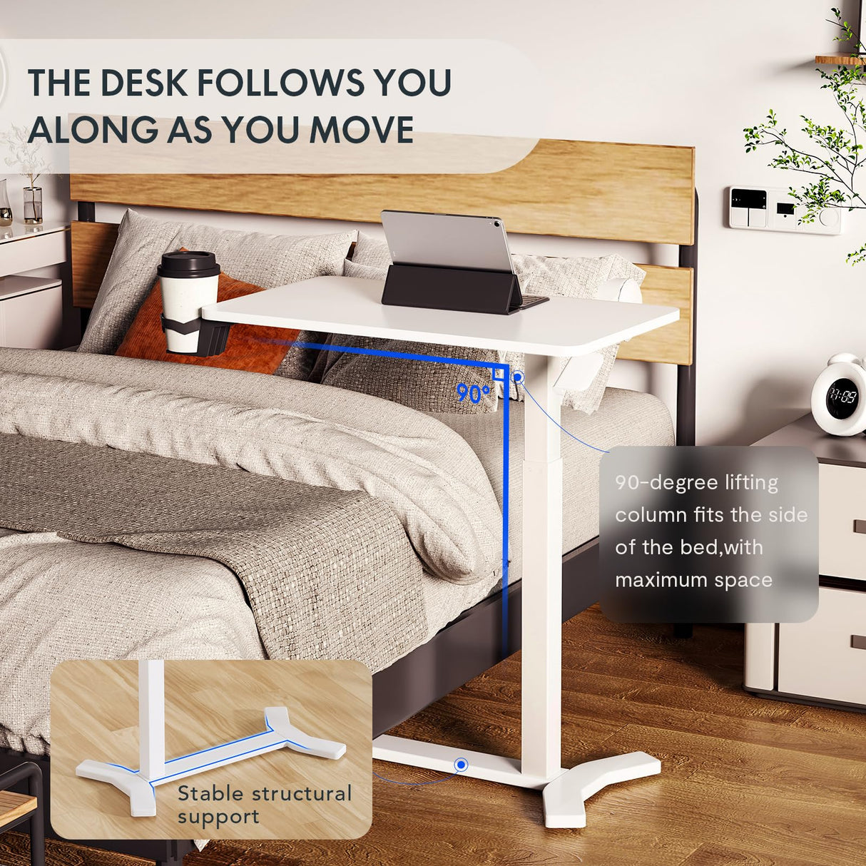 Medical Adjustable Overbed Bedside Table with Wheels Pneumatic Mobile Standing Desk Laptop Desk Rolling Computer Cart Movable Overbed Table Hospital Home Use(80×45 CM White Large)…