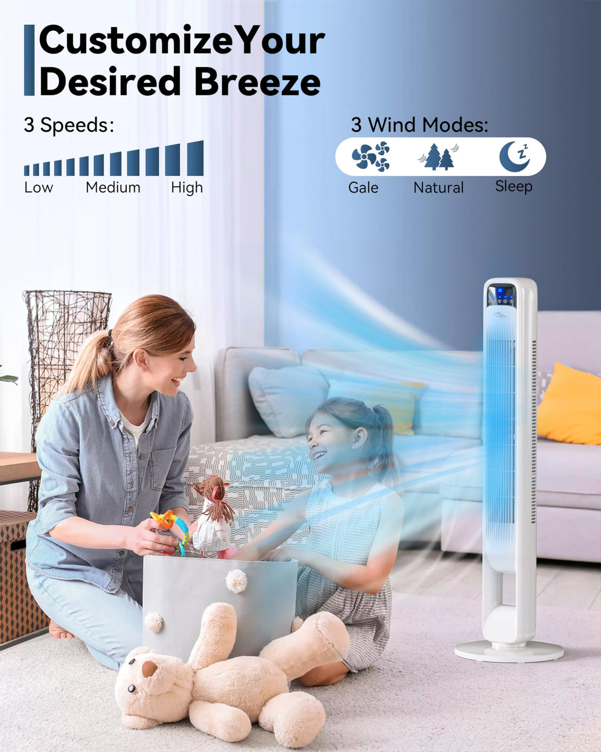 Billord Pedestal Tower Fan for Bedroom - Bladeless Oscillating Fans with 3 Fan Speed & 3 Wind Modes Portable Fans, Standing Fan 12H Timer, Tower Fan 70 Degree, Oscillating for Home