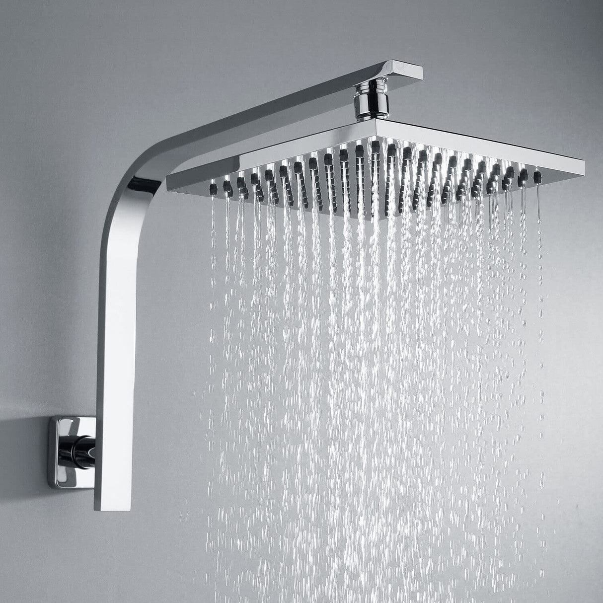 WELS Gooseneck Shower Wall Arm with 8" Square Rain Shower Head Set Brass