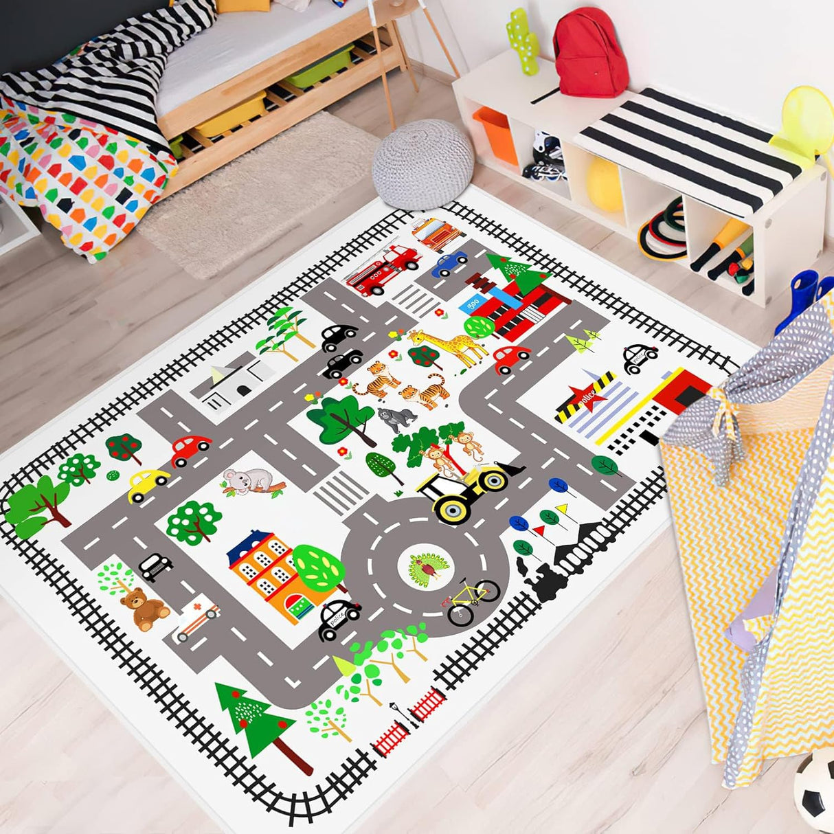 Play Mat Kids Rug Carpet Playmat Extra Large Learn Have Fun Safe Road Traffic System Multi Color Study Activity Centerpiece Play Mat for Playing with Cars for Bedroom Playroom