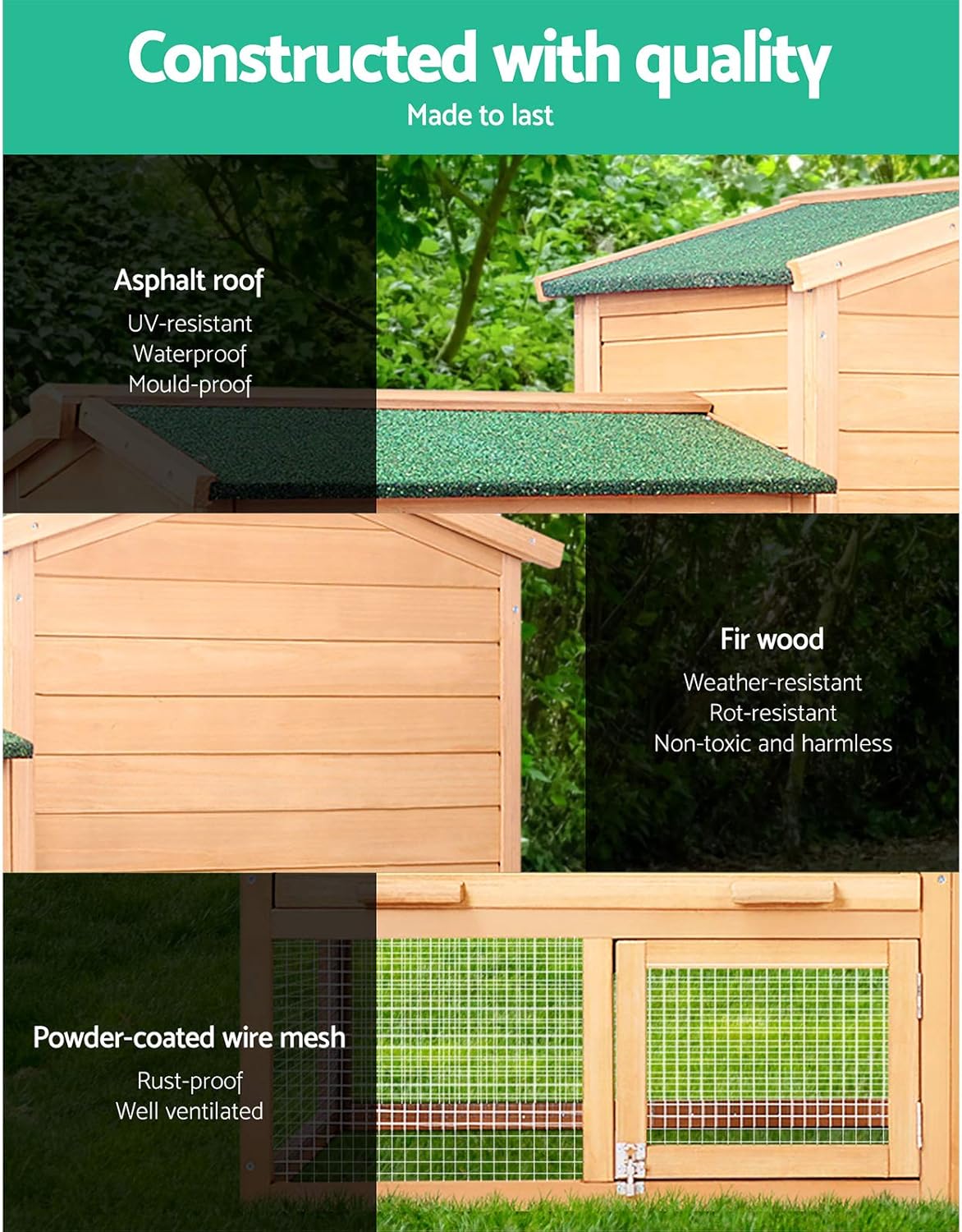 i.Pet Chicken Coop Large Rabbit Hutch, 138 x 49 x 85cm Coops Wooden Pet House Run Cage Walk in Guinea Pig Ferret Bunny Hen Chook, Outdoor Metal Door Roof Ladder Hatch Nestiong Box Farm
