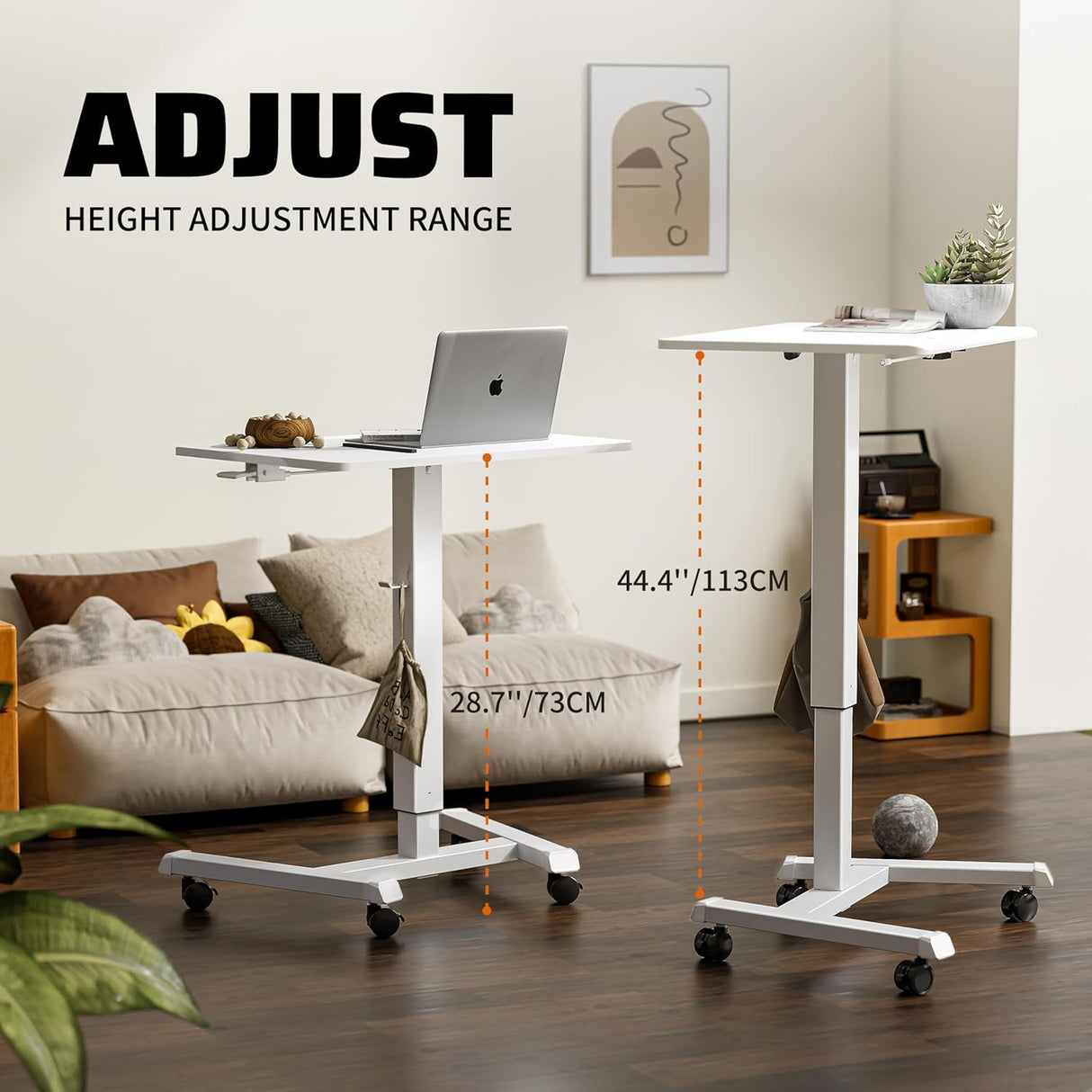 ERGOMAKER Mobile Standing Desk Pneumatic Adjustable Height 25.6 x 17.7 Inch Mobile Desk Adjustable Height On Wheels,Sit Stand up Desk Home Office Computer Desk, White + Single