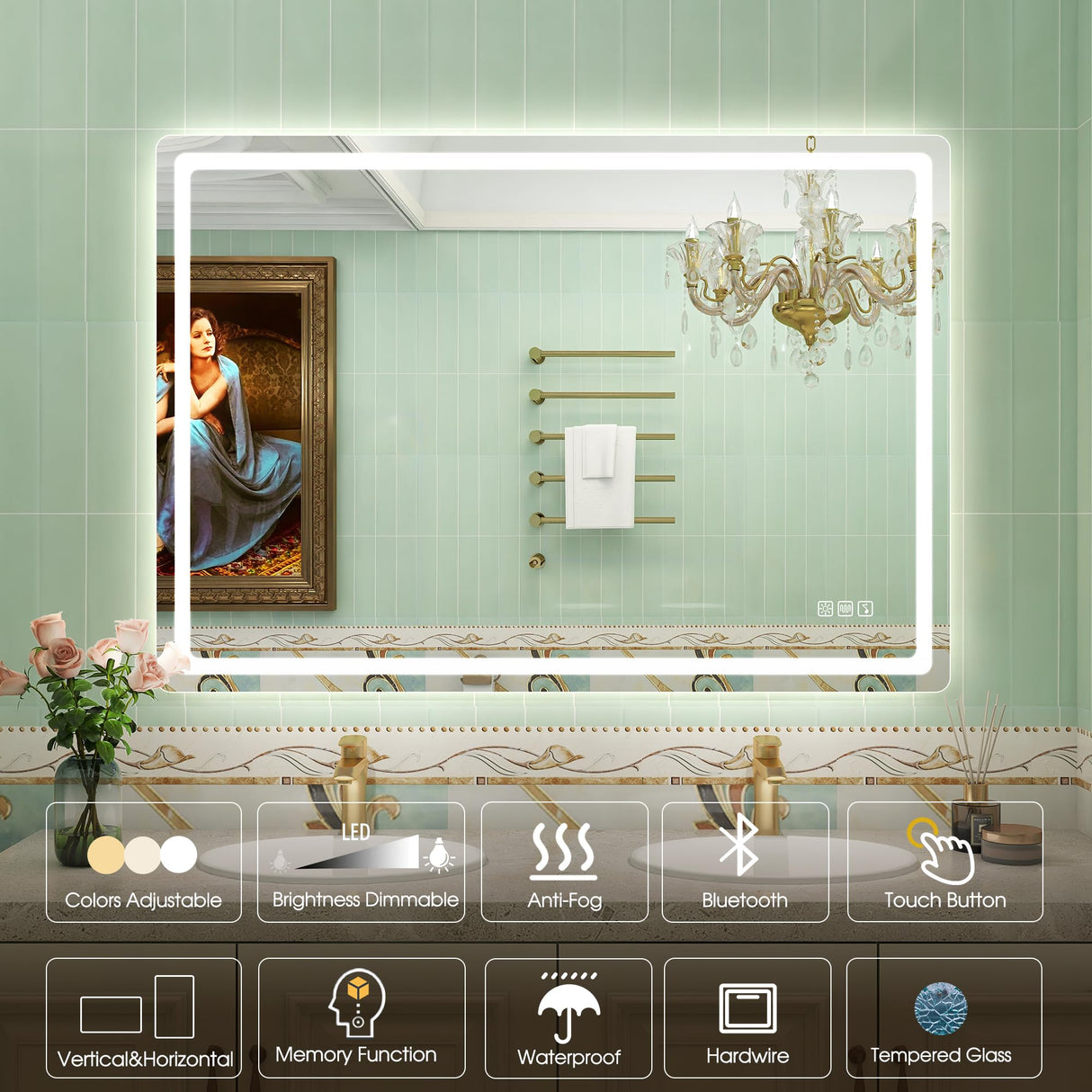 700 x 1000MM LED Bathroom Mirror with Lights, Wall-Mounted with Bluetooth Speaker, Anti-Fog, 3 Color Temperature, Dimmable Brightness, Tempered Glass, Frontlit & Backlit