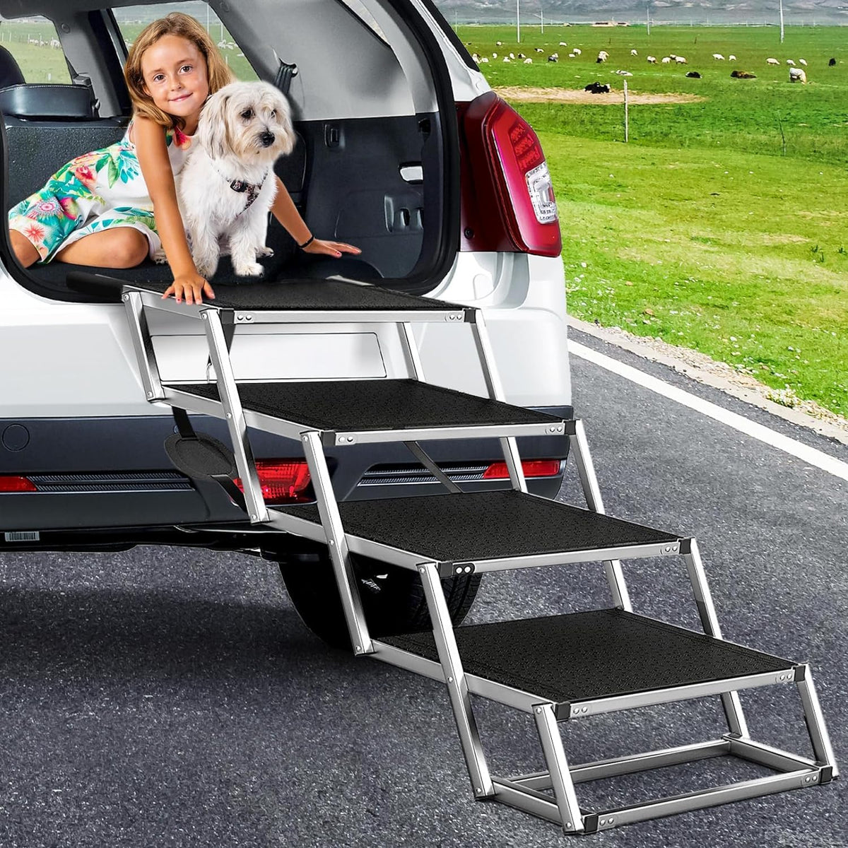 Extra-Wide Folding Dog Car Stairs – 48.7 cm, 100 kg Capacity