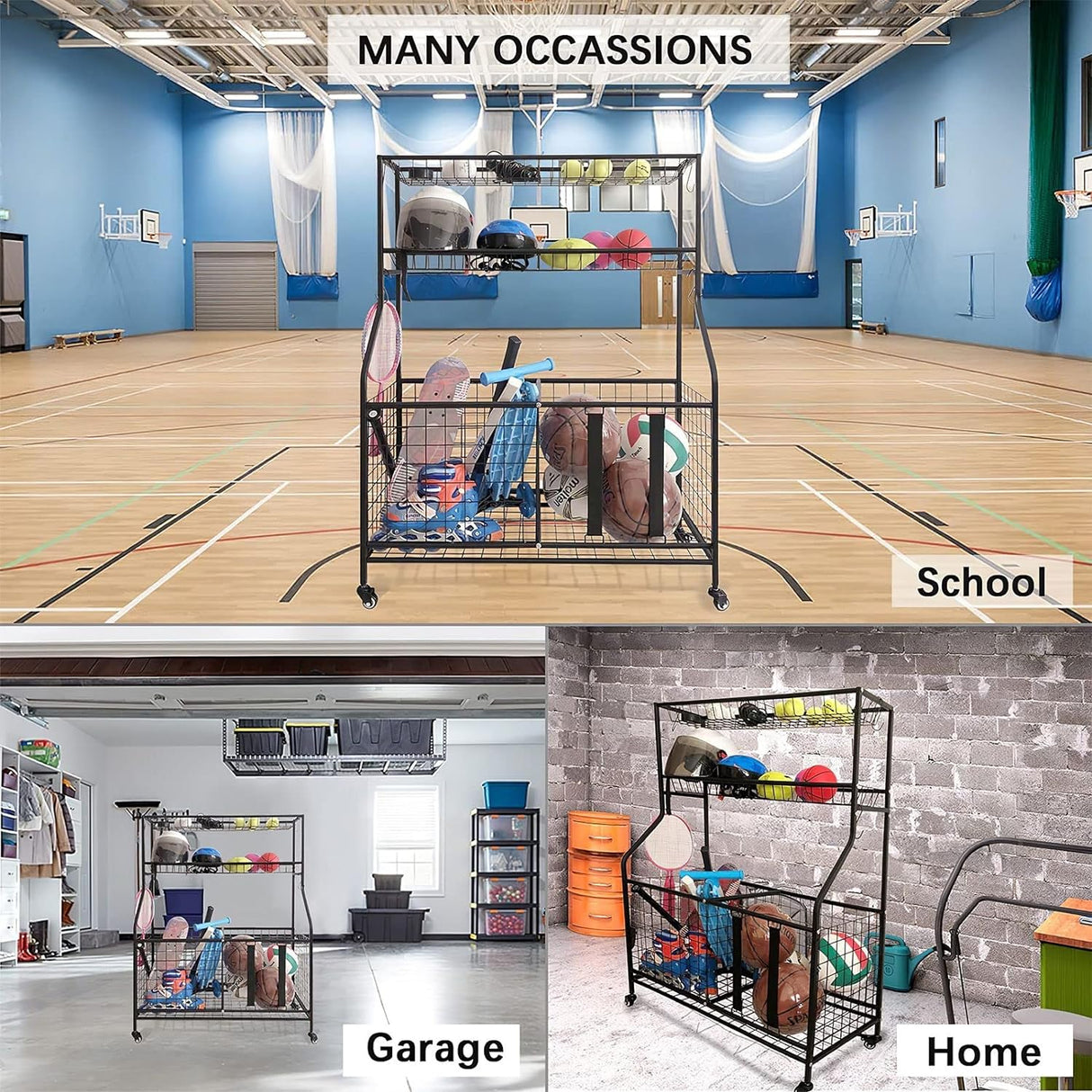 All-in-one Ball Storage Rack Metal Garage Sports Equipment Storage Organizer Basketball Holder Cart 91x42x116.5cm w/Wheels Hooks,Indoor Outdoor