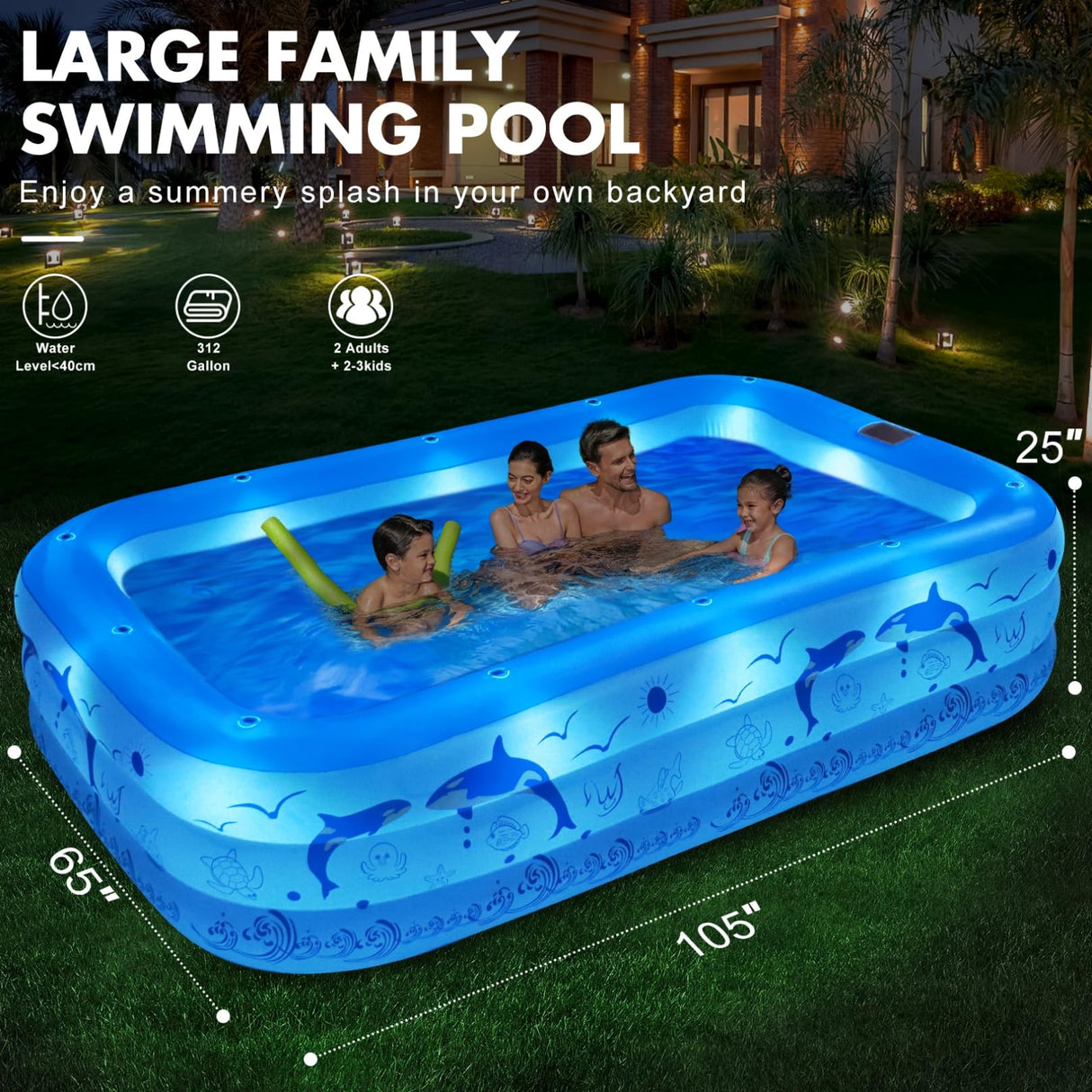 Inflatable Pool with Lights, 270cm Giant Family Inflatable Swimming Pool for Kids,Adults, Blowup Pool Solar Powered,Large Kiddle Pool,Oversized Thickened Pool for Backyard-Blue