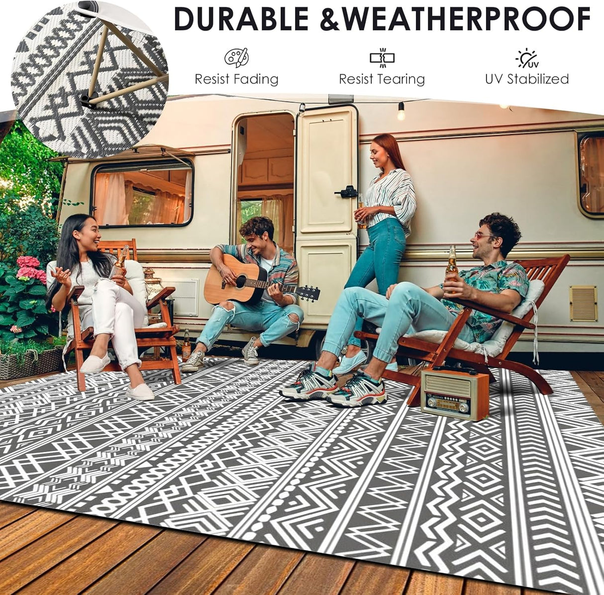 DAWNTREES Large Waterproof Outdoor Rug for Patio, 152×244cm Reversible Mat – Plastic Camping Rug for RV, Porch, Deck, Camper, Balcony (Bohemia, 152×244cm)