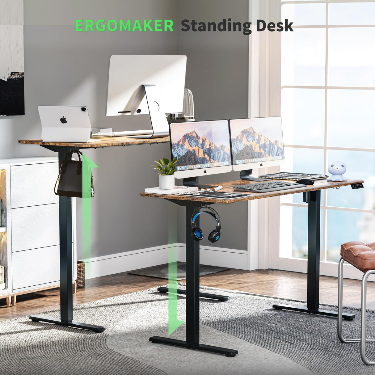 Electric Standing Desk 110x60cm (43.3"x23.6"), Height Adjustable Standing Desk with Splice Board, Stand Up Desk with Hook and Memory Smart Handset(Black Frame + Rustic Brown Desktop)