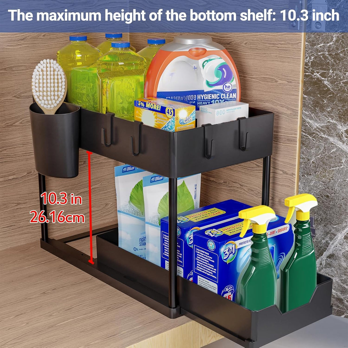 Puricon 1 Pack Under Sink Organizers and Storage Pull Out Sliding Drawer, 2 Tier Multi-Purpose Kitchen Under The Sink Organizer Under Bathroom Sink Shelf Storage Rack for Countertop Laundry -Black