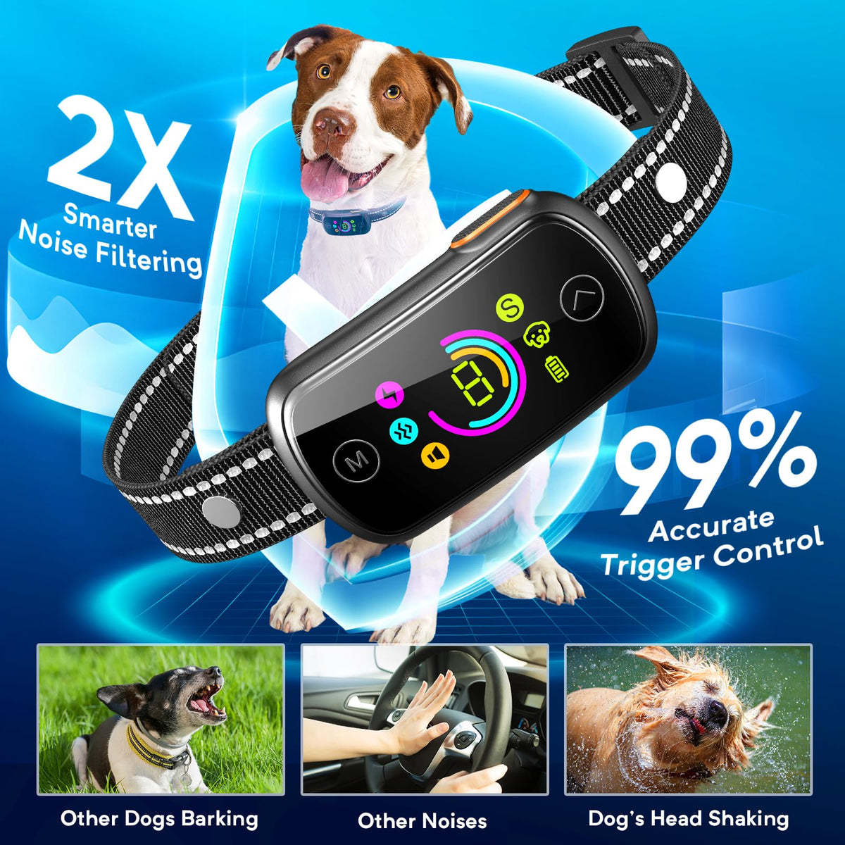 Dog Bark Collar, Customizable Bark Collar for Large Medium Dogs, Smart Anti Barking Training Collar with Adjustable Beep Vibration Shock and Sensitivity, Automatic Stop Barking with Replacement Strap