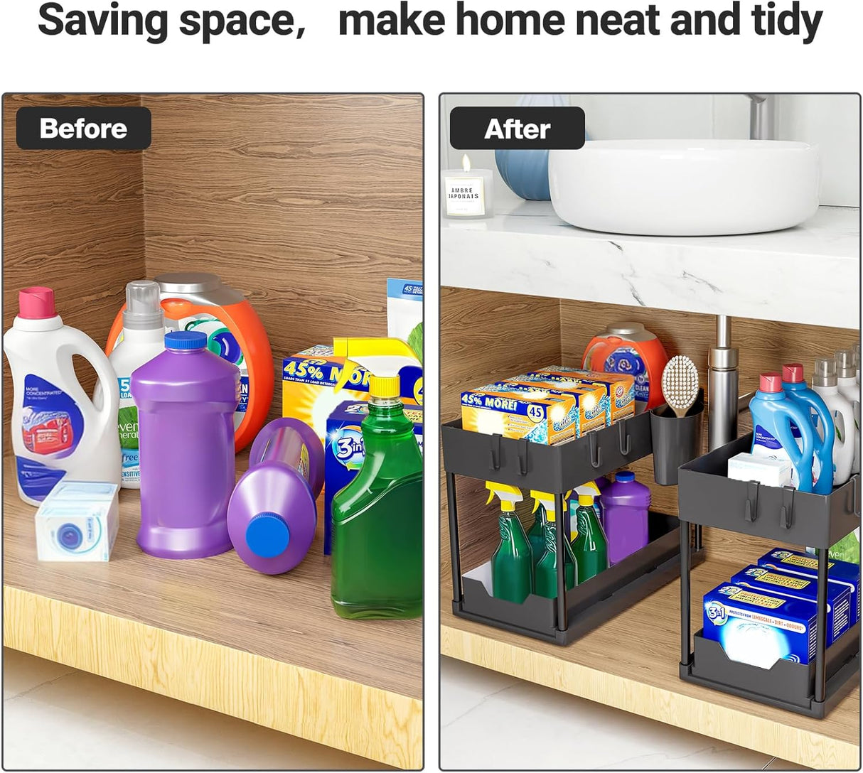 Puricon 1 Pack Under Sink Organizers and Storage Pull Out Sliding Drawer, 2 Tier Multi-Purpose Kitchen Under The Sink Organizer Under Bathroom Sink Shelf Storage Rack for Countertop Laundry -Black