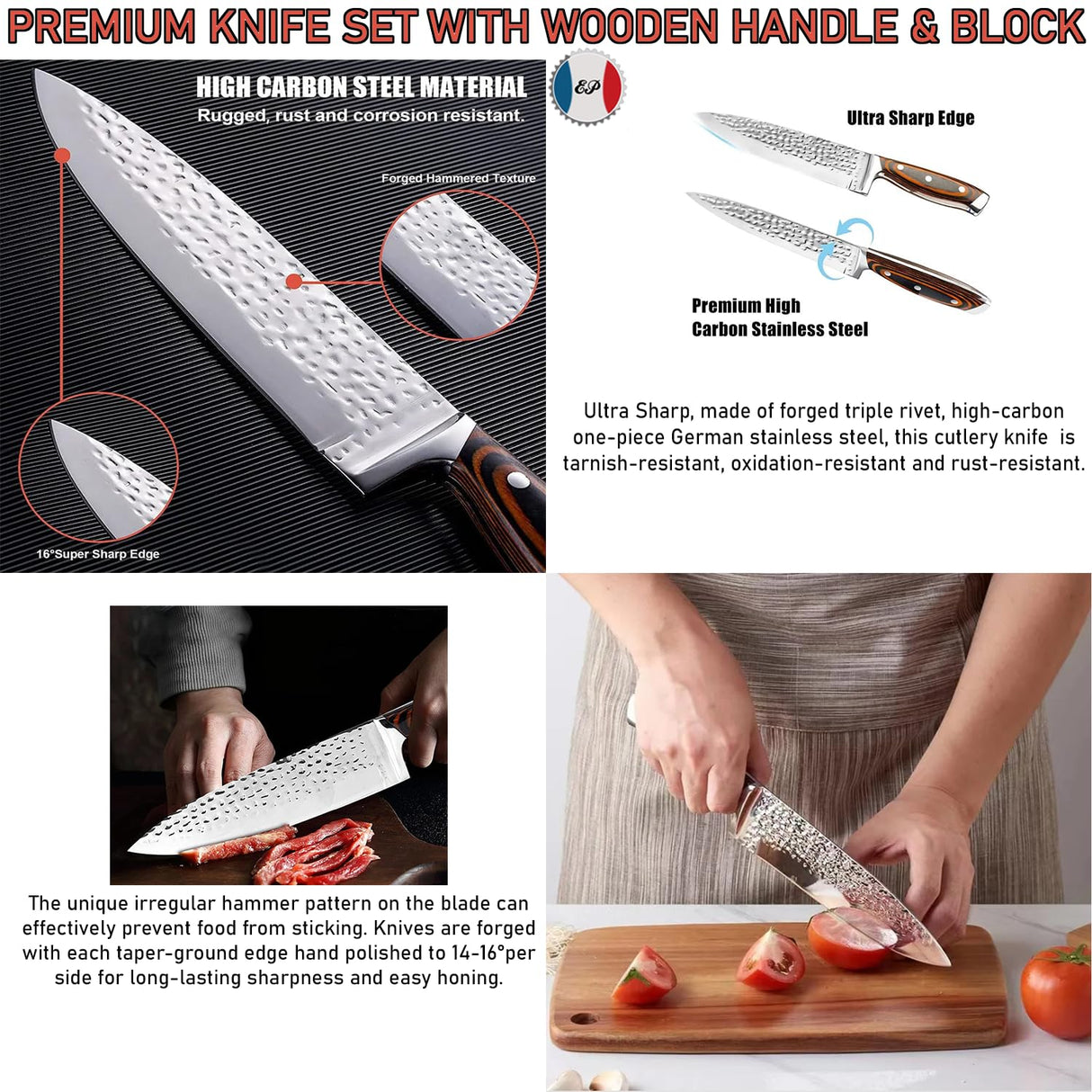 Kitchen Knife Set 15-Piece with Wooden Block. Ultra Sharp High Carbon German Stainless Steel Hammer Pattern Chef & Steak Knives. Full Tang Design with Forged Triple Rivet. Boxed Knife Set