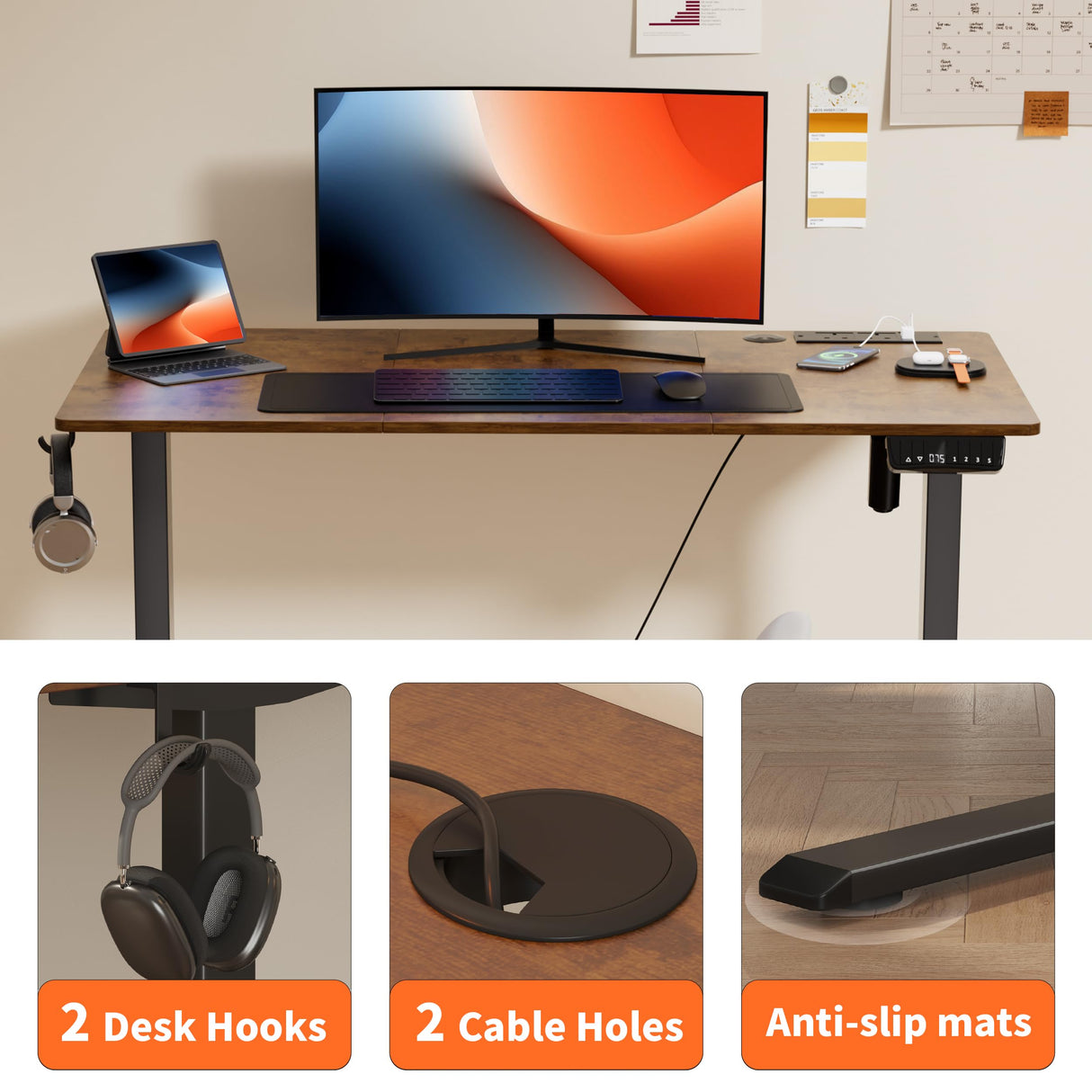 Height Adjustable Desk, 120cm Electric Standing Desk, Power Outlets, Home Office & Gaming Workstation, Easy Assembly, Versatile Table, Vintage Oak