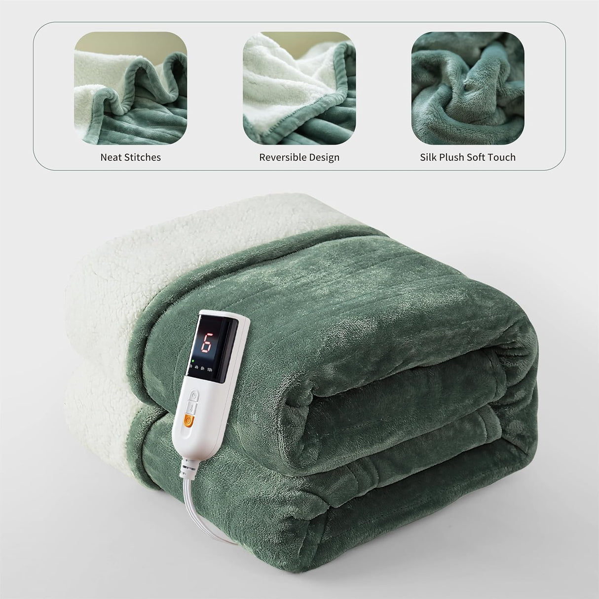 GOTCOZY Heated Blanket Electric Throw - 130x160cm Electric Blanket with 6 Heating Levels & 10 Hours Auto-Off Overheat Protection Soft Silky Plush Heating Blanket Machine Washable(Green)
