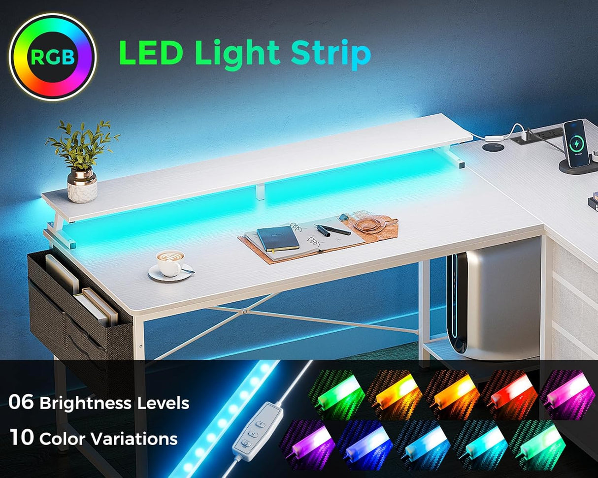 ODK L Shaped Computer Desk with Monitor Stand 140x80cm,Reversible Corner Gaming Desk with LED Lights & Power Outlets& Storage Drawers,for Home Office Writing Study,140 * 80 * 89cm,White