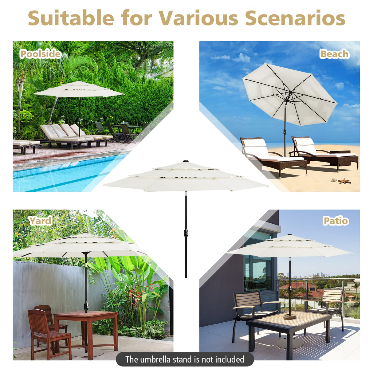 3M 3-Tier Patio Umbrella, Double Vented Outdoor Umbrella w/Push Button Tilt, Manual Crank, 8 Sturdy Ribs, Market Table Umbrella for Beach, Patio, Backyard, Poolside, Easy Assembly