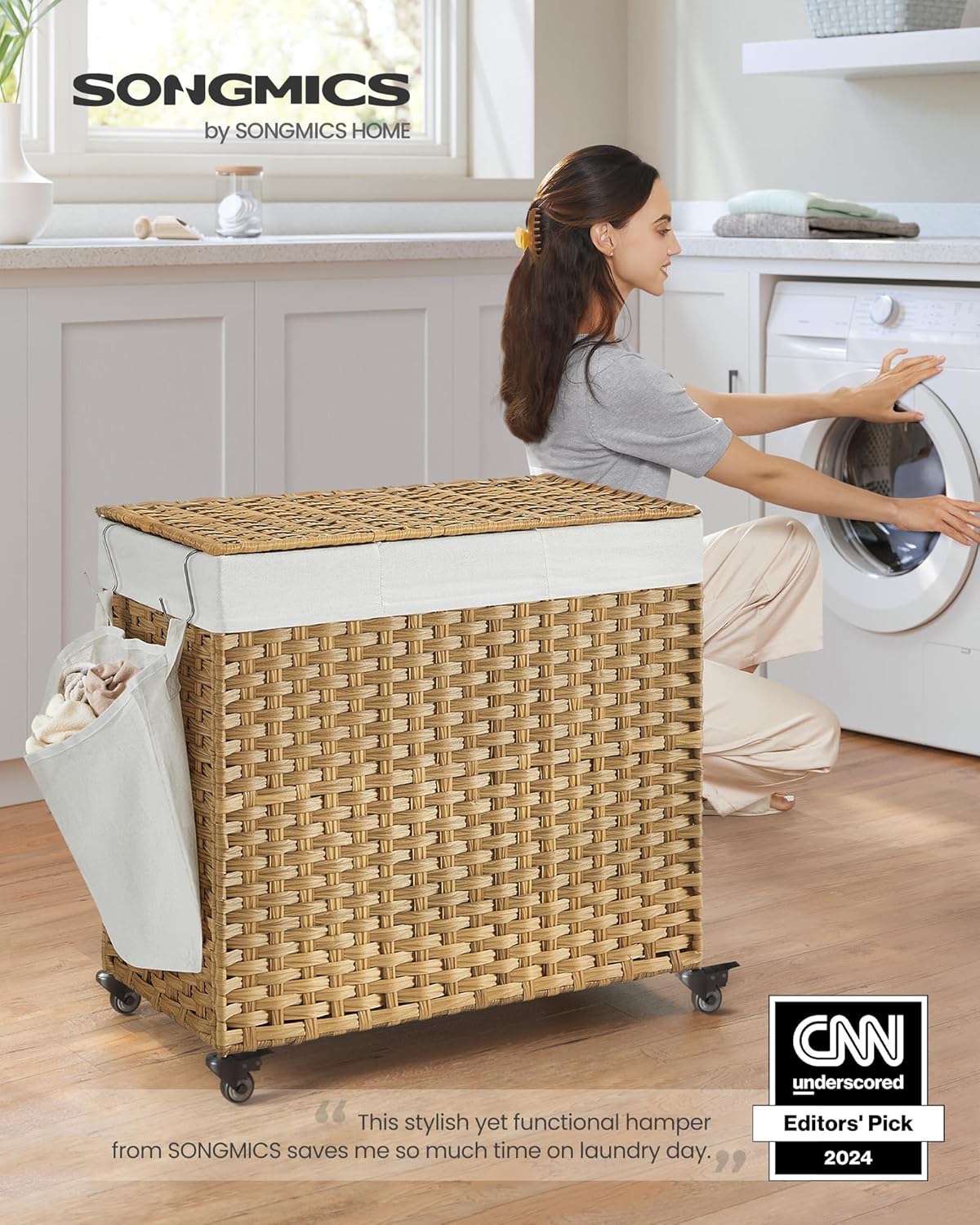 SONGMICS Laundry Hamper with Lid, 42.3 Gallons (160 L), Rolling Laundry Basket with Wheels, 3-Section Synthetic Rattan, Removable Liner, Bedroom, 27.6 x 14.2 x 26 Inches, Natural ULCB365N01