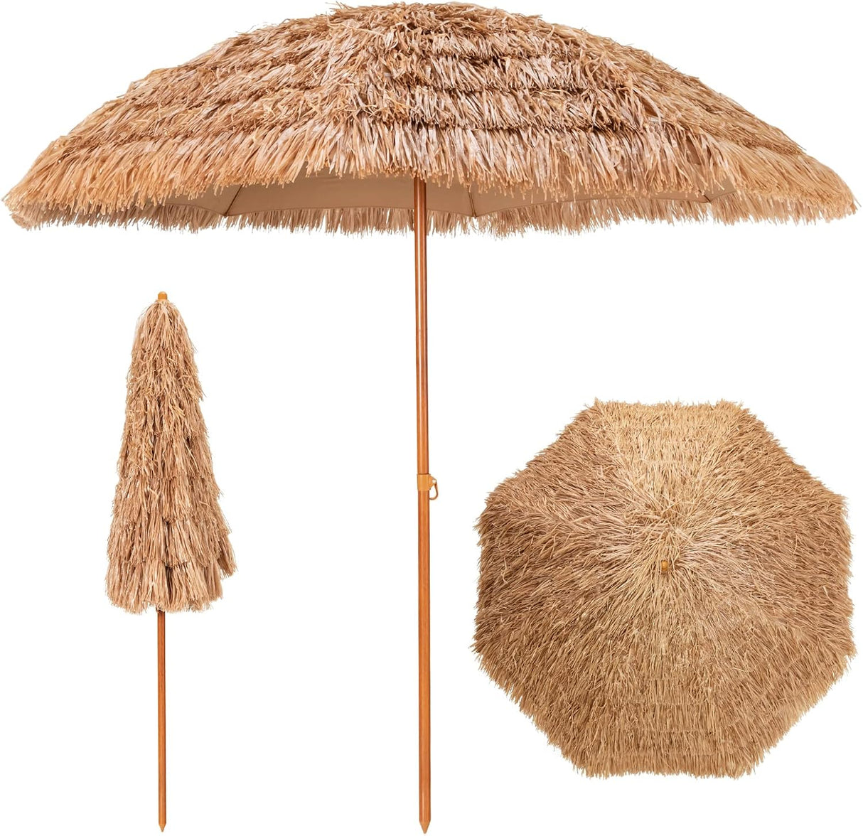 Costway 8 FT Thatched Tiki Umbrella, Hawaiian Style Outdoor Hula Umbrella w/8 Metal Ribs, 7-Tier Straw Top, Press Button, Portable Palapa Tropical Umbrella for Beach, Yard, Poolside, Natural …