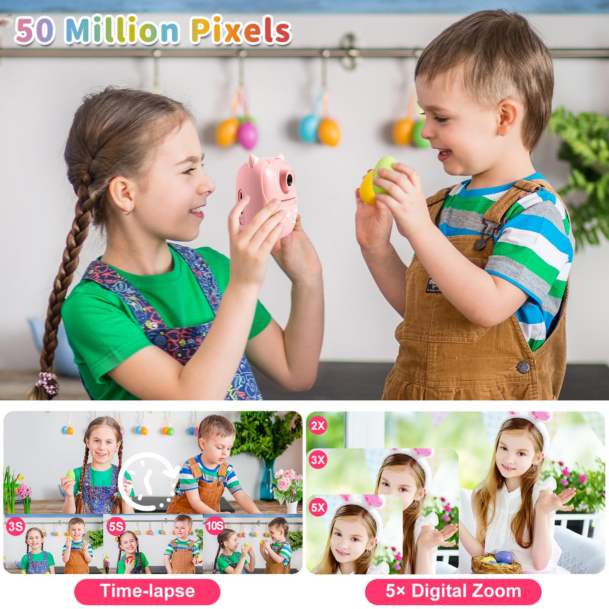 50MP Kids Instant Camera with 3 Rolls Print Paper for Boys and Girls, 1080P Digital Camera for Children, 2.0' IPS Selfie Toy Camera Toddler Rechargeable Video Recorder with 32GB TF Card(Pink)