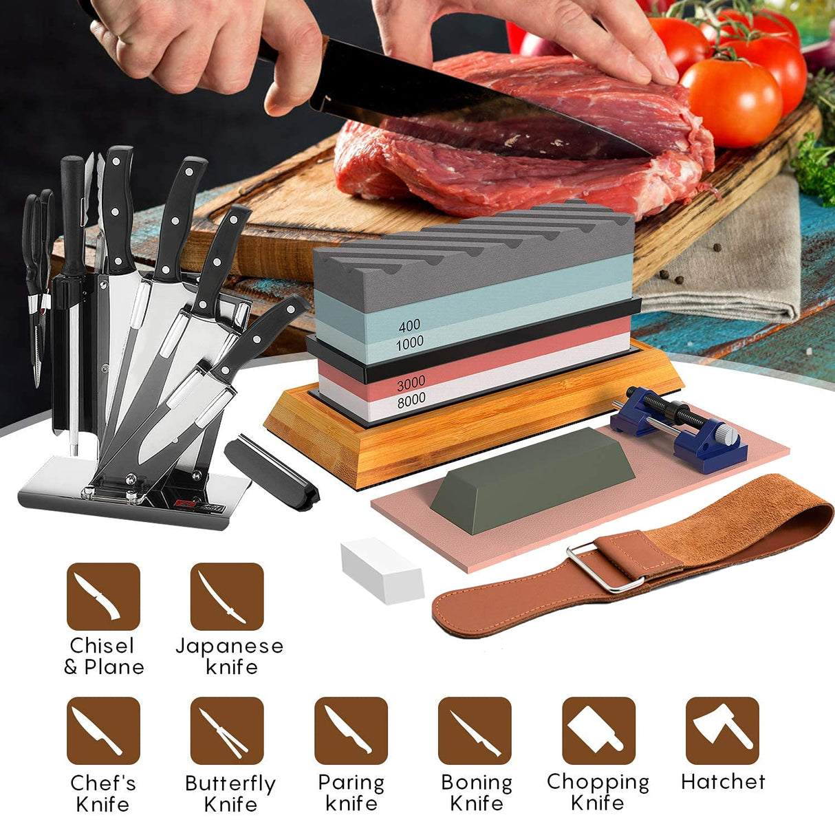 Knife Sharpening Stone,Whetstone Sharpener Includes 4 Side Grit 400/1000 3000/8000 Whetstones, Non-Slip Bamboo Base, Angle Guide,Polishing Compound,Leather Strop, Flattening Stone