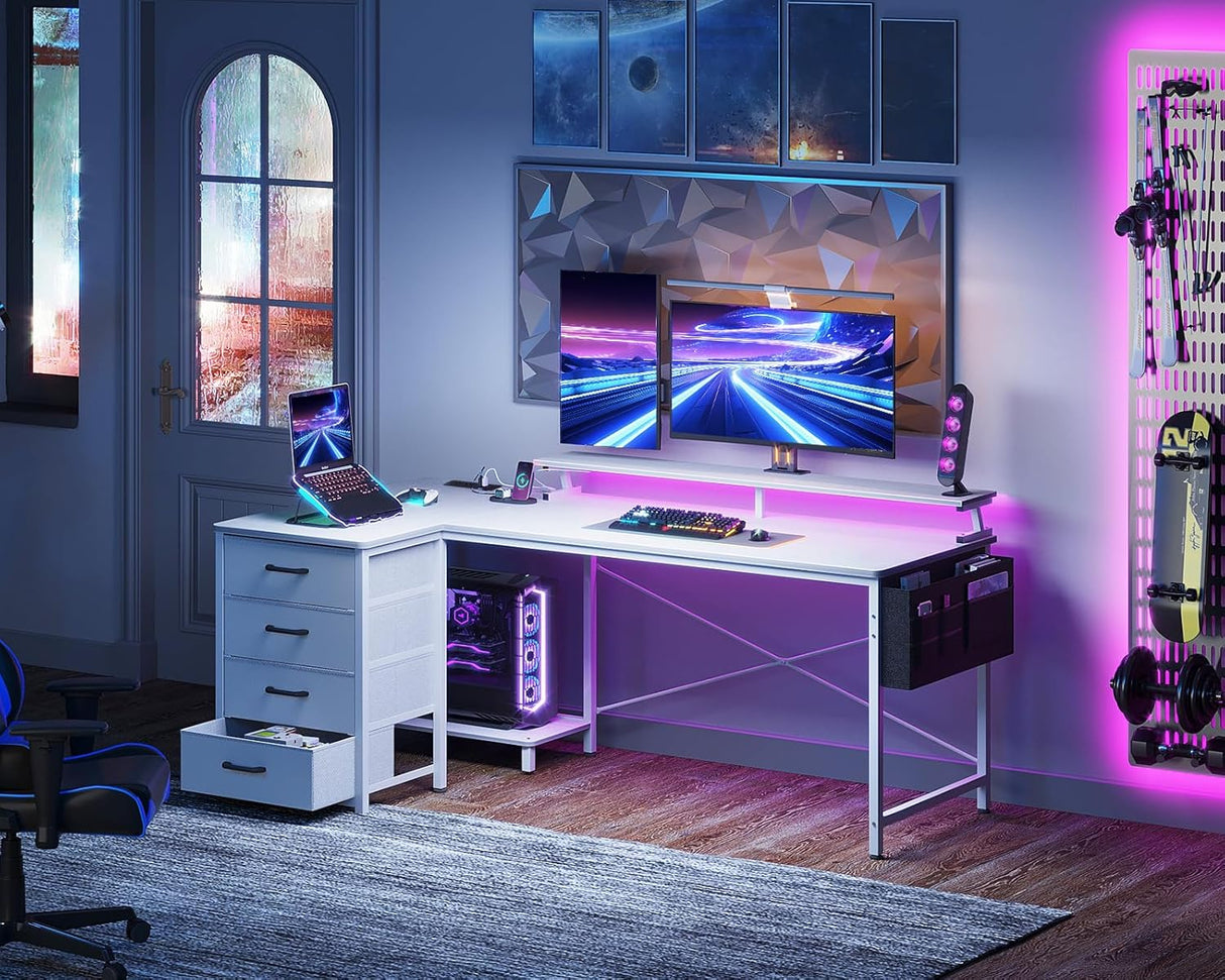 ODK L Shaped Computer Desk with Monitor Stand 140x80cm,Reversible Corner Gaming Desk with LED Lights & Power Outlets& Storage Drawers,for Home Office Writing Study,140 * 80 * 89cm,White