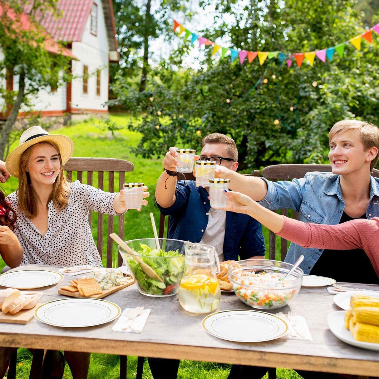 Gold Dinnereware Include Gold Rim Plates, 12oz Gold Cups, Gold Knives, Gold Forks, Gold Spoons, Party Reusable Plates Set, Brittany (Gold)