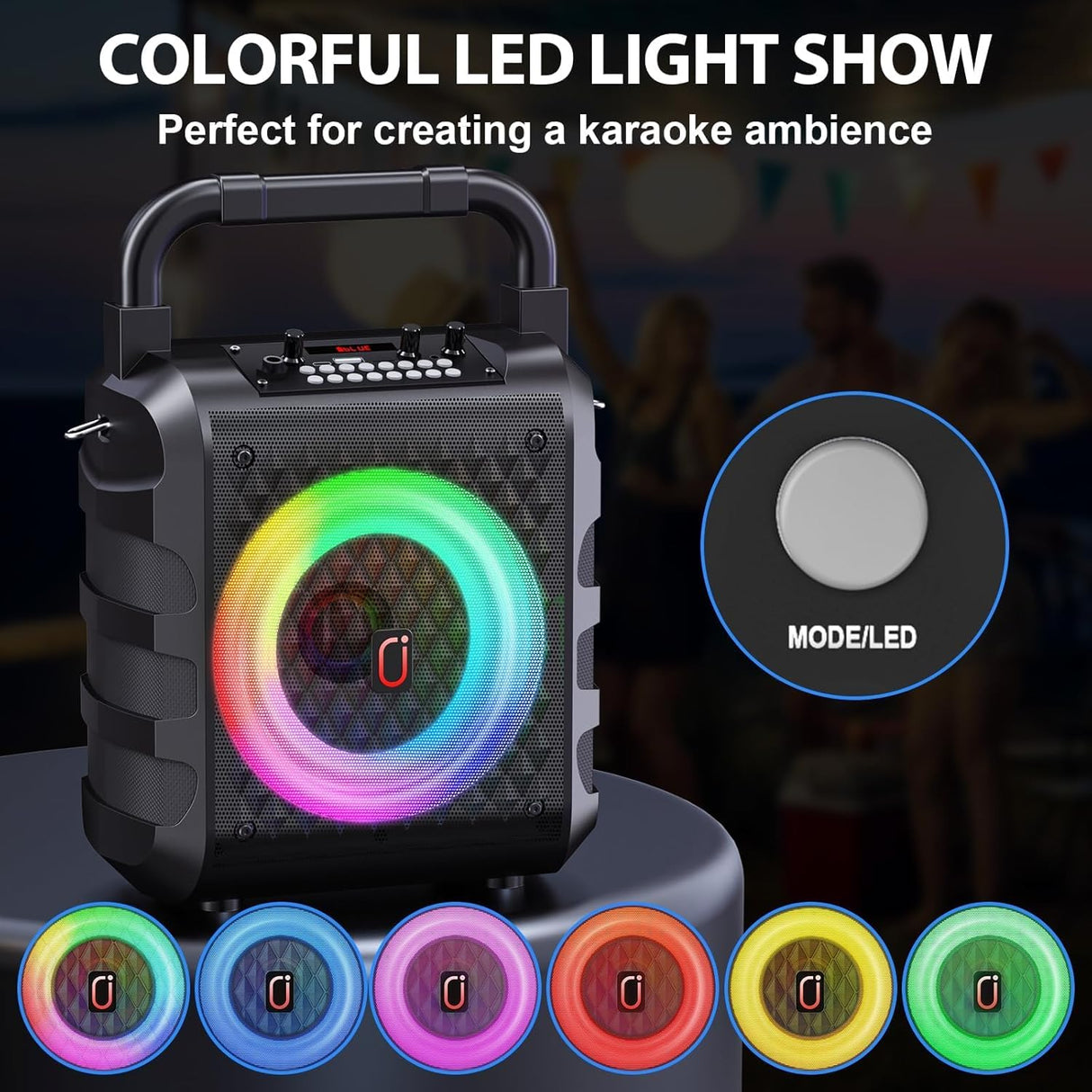 Karaoke Machine, Bluetooth Karaoke Speaker, Portable Singing Machine with 2 Wireless Microphones LED Lights for Home Party Meeting Adults Kids Supports USB/TF/AUX/REC/FM