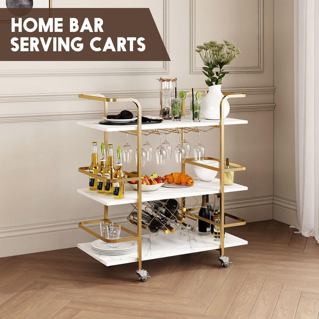 Bar Cart Home Bar Serving Cart 3 Tier Mobile Bar Cart with Wine Bottle Racks & Glass Holder Coffee Cart Mini Bar Cart Gold & White