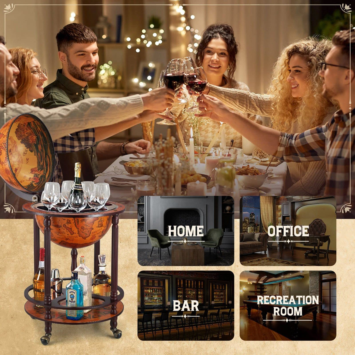 Antique Globe Bar Mini Wine Stand Rack Wooden Drinks Trolley Wine Storage Liquor Cabinet Alcohol Serving Cart Mid-Century