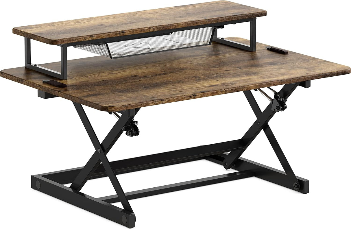 SHW 36-Inch Height Adjustable Standing Desk Converter Sit to Stand Riser Workstation, Rustic Brown