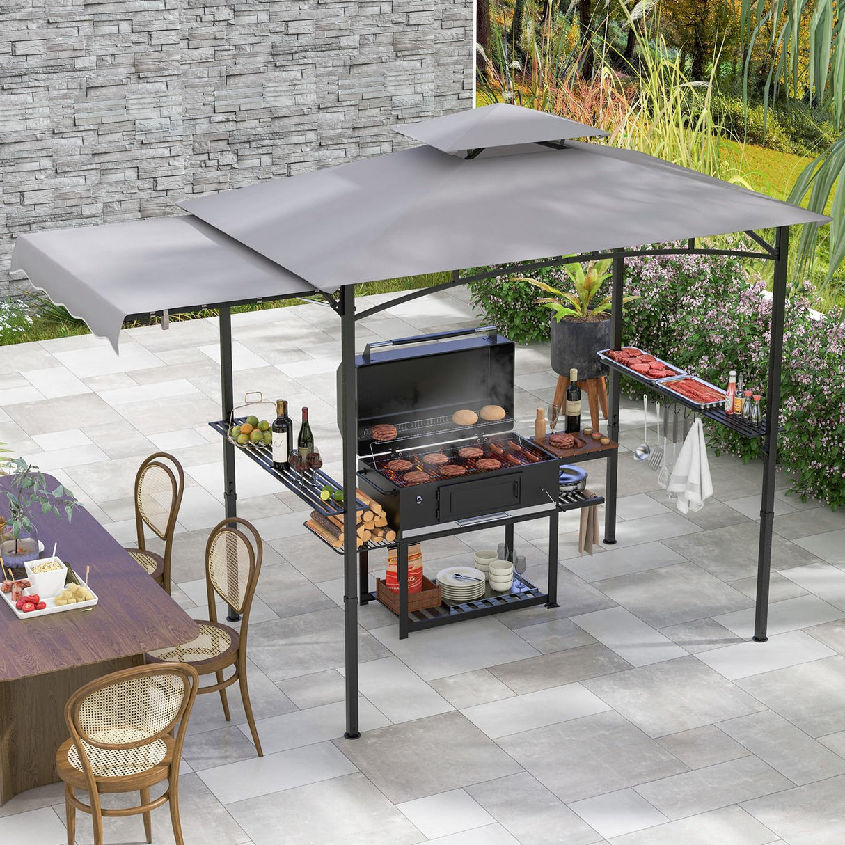 Grill Gazebo with Side Awning, 318 cm x 153 cm Outdoor BBQ Gazebo w/ 2 Side Shelves, Hanging Hooks & Bottle Opener, Double-Tiered Barbecue Canopy for Backyard, Patio, Garden, Deck