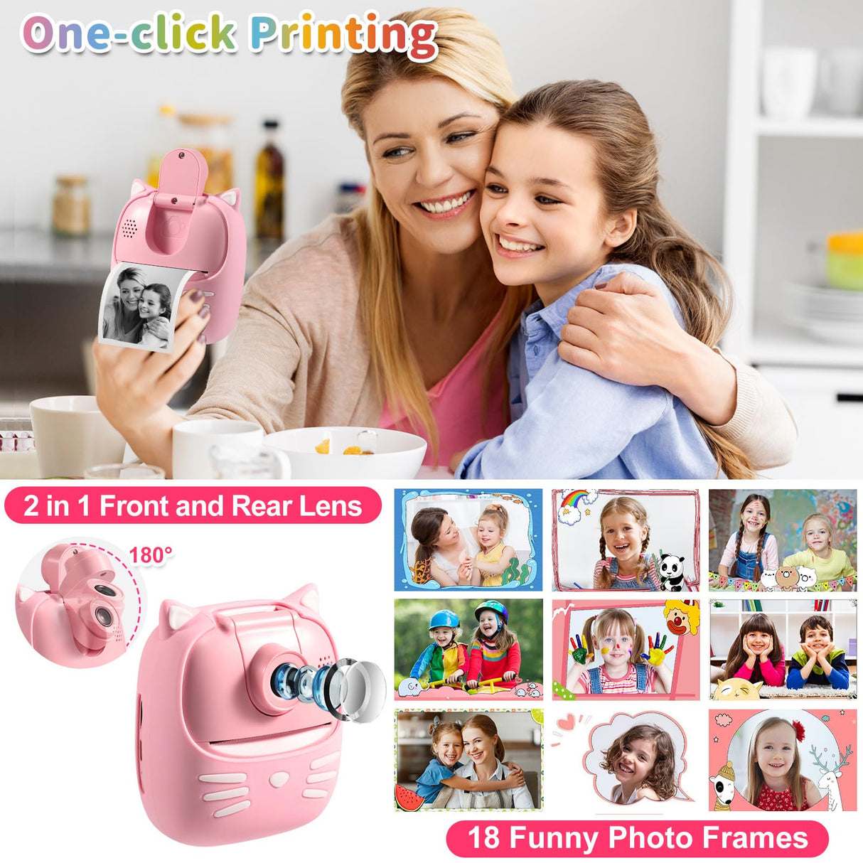 50MP Kids Instant Camera with 3 Rolls Print Paper for Boys and Girls, 1080P Digital Camera for Children, 2.0' IPS Selfie Toy Camera Toddler Rechargeable Video Recorder with 32GB TF Card(Pink)